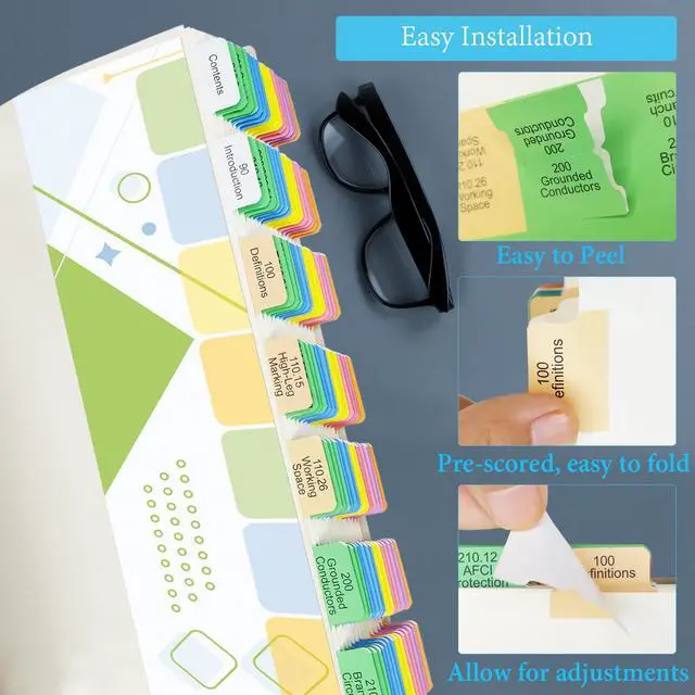 Alt view image 2 of 6 - Electrical Code Tabs for NEC 2023, 140 PCS Laminated & Color-Coded for National Electrical Code, with Formula Guide/Wire Chart/2 Ohms Law Wheel Stickers/Page Numbers Card