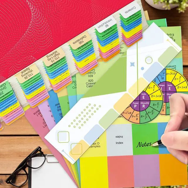 Alt view image 5 of 6 - Electrical Code Tabs for NEC 2023, 140 PCS Laminated & Color-Coded for National Electrical Code, with Formula Guide/Wire Chart/2 Ohms Law Wheel Stickers/Page Numbers Card
