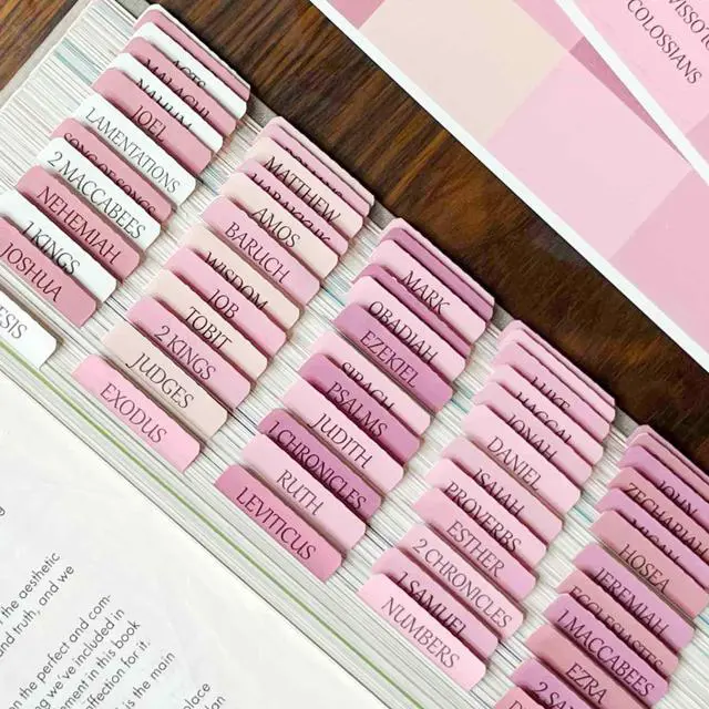 Main image of Pink Repositionable Bible Tabs for Women, Laminated Large Print Stickers, Easy to Read and Apply, Fits Standard and Catholic Bibles