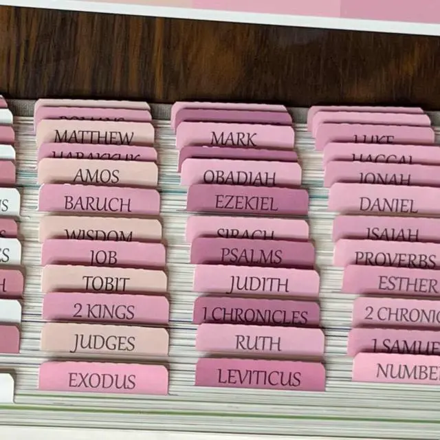 Alt view image 2 of 6 - Pink Repositionable Bible Tabs for Women, Laminated Large Print Stickers, Easy to Read and Apply, Fits Standard and Catholic Bibles