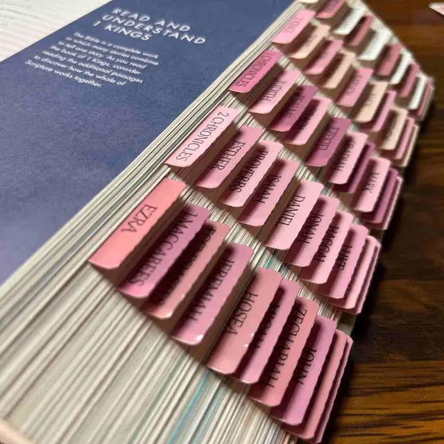 Alt view image 3 of 6 - Pink Repositionable Bible Tabs for Women, Laminated Large Print Stickers, Easy to Read and Apply, Fits Standard and Catholic Bibles