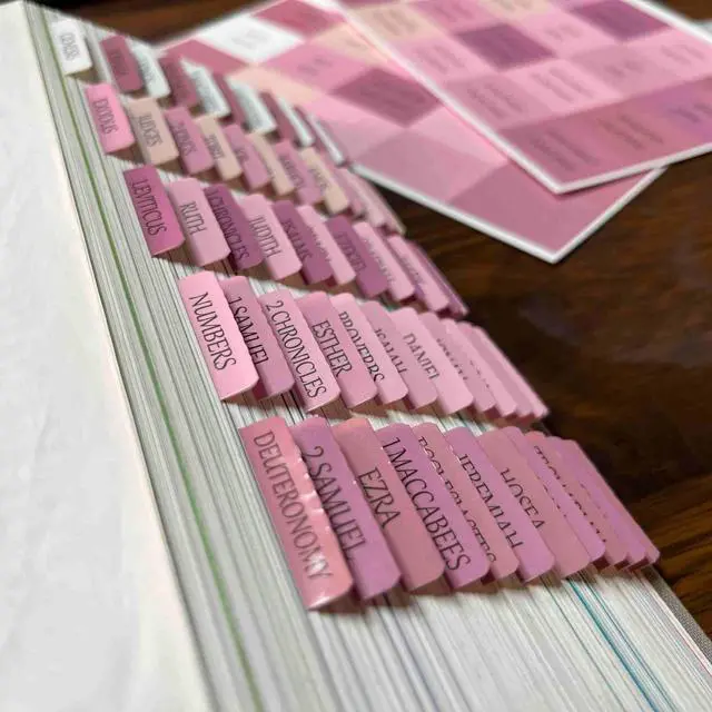 Alt view image 4 of 6 - Pink Repositionable Bible Tabs for Women, Laminated Large Print Stickers, Easy to Read and Apply, Fits Standard and Catholic Bibles