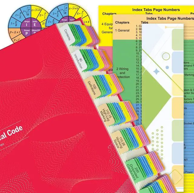 Main image of Electrical Code Tabs for NEC 2023, 140 PCS Laminated & Color-Coded for National Electrical Code, with Formula Guide/Wire Chart/2 Ohms Law Wheel Stickers/Page Numbers Card