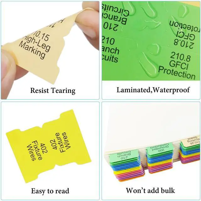 Alt view image 3 of 6 - Electrical Code Tabs for NEC 2023, 140 PCS Laminated & Color-Coded for National Electrical Code, with Formula Guide/Wire Chart/2 Ohms Law Wheel Stickers/Page Numbers Card