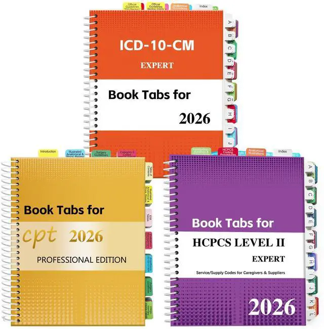 Main image of Tabs for CPT, AAPC Version ICD-10-CM & HCPCS Level II 2026, 3 Set Bundle, Complete Book Tabs Set (Book not Included), Color-Coded with Code Ranges, Laminated & Waterproof & Repositionable