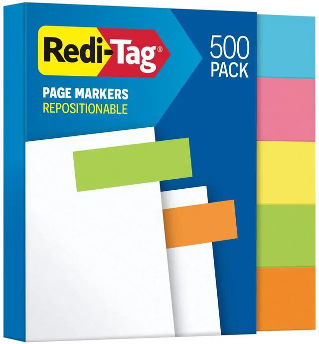 Main image of Neon Page Markers, Adhesive Flags for Journals, Books and Binders, Sticky Flags, 4 Assorted Colors: Yellow, Pink, Green, Blue and Orange, 0.6" x 2", 500 Per Pack