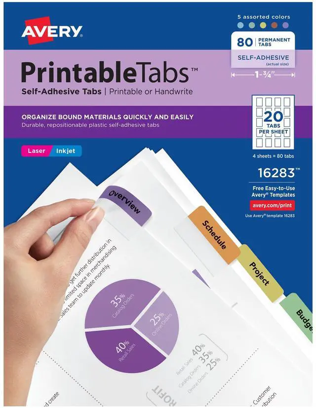 Main image of Printable Self-Adhesive Plastic Tabs, 1-3/4", Repositionable Adhesive, Assorted Colors, Pack of 80