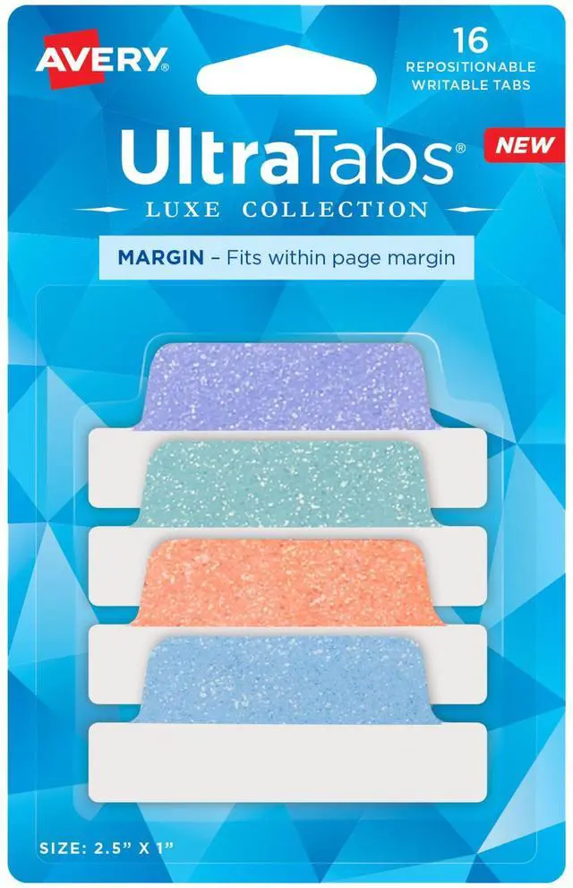 Main image of Margin Ultra Tabs, 2.5" x 1", Pastel Sparkle Shimmer Designs, 16 Repositionable Page Tabs