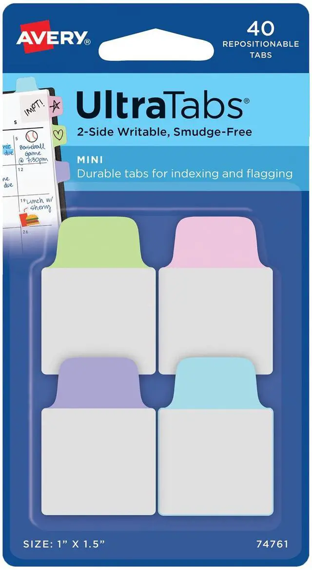 Main image of Mini Ultra Tabs, 1" x 1.5", 2-Side Writable, Assorted Pastel Colors, 40 Repositionable Tabs (74761)