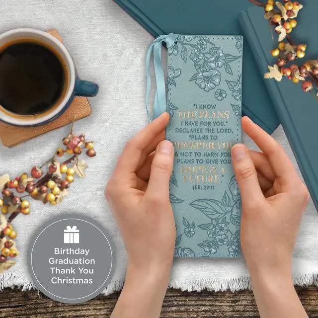 Alt view image 4 of 6 - Premium Vegan Faux Leather Scripture Bookmark for Women: I Know The Plans I Have For You - Jeremiah 29:11 Inspirational Bible Verse, Heat-Debossed, Reading Accessory w/Tassel, Teal