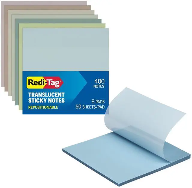 Main image of Translucent Sticky Notes, Transparent Self-Stick Notes, 3" x 3", Calming Colors, 8 Pads, 50 Notes Per Pad, 400 Sheets