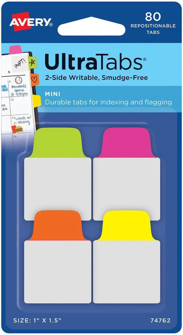 Main image of Mini Ultra Tabs, 1" x 1.5", 2-Side Writable, Assorted Neon Colors, 80 Repositionable Tabs