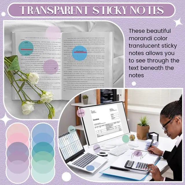 Alt view image 4 of 7 - Sheets Transparent Sticky Notes Round Translucent Sticky Notes Tabs Colorful Page Flags Stickers Clear Book Markers Bible Journaling Office Back to School Supplies