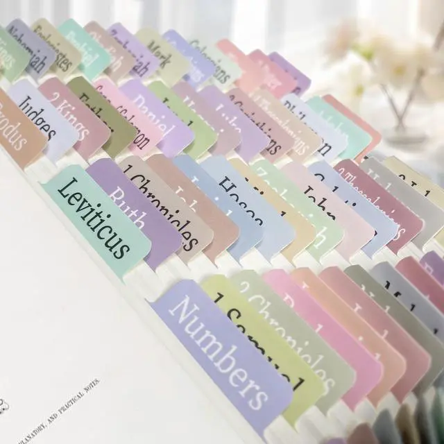 Main image of Colorful Bible Tabs for Adults Kids, 100 Pcs Large Print Catholic Bible Tabs, Laminated and Repositionable, Easy to Read & Tear-Resistant
