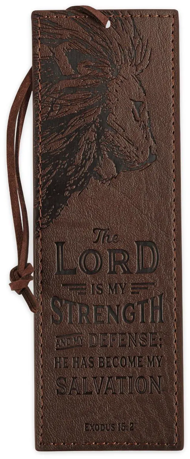Main image of Premium Vegan Faux Leather Scripture Bookmark for Men: The Lord Is My Strength - Exodus 15:2 Inspirational Bible Verse Heat-Debossed, Faith-Based Reading Accessory with Cord, Brown