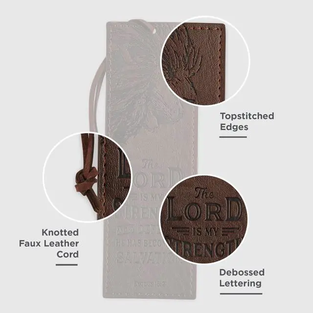 Alt view image 3 of 6 - Premium Vegan Faux Leather Scripture Bookmark for Men: The Lord Is My Strength - Exodus 15:2 Inspirational Bible Verse Heat-Debossed, Faith-Based Reading Accessory with Cord, Brown