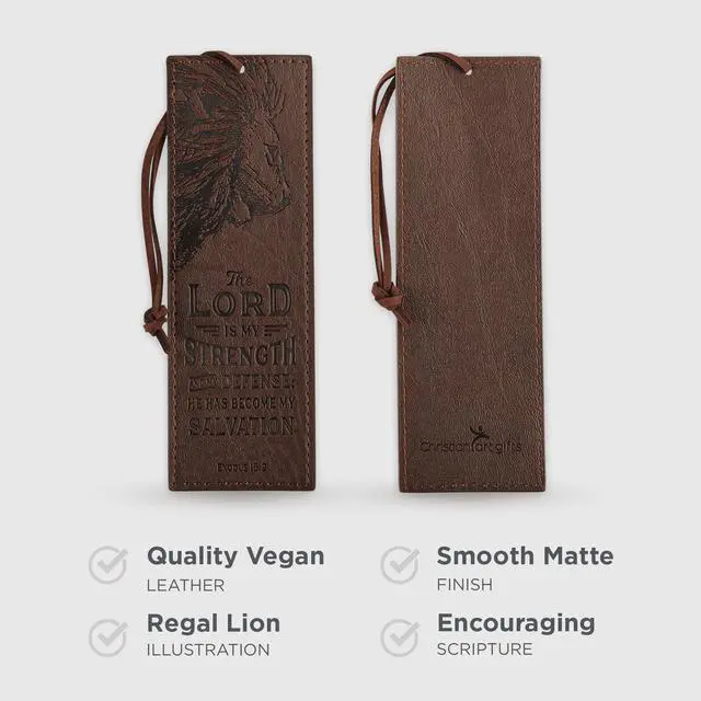 Alt view image 2 of 6 - Premium Vegan Faux Leather Scripture Bookmark for Men: The Lord Is My Strength - Exodus 15:2 Inspirational Bible Verse Heat-Debossed, Faith-Based Reading Accessory with Cord, Brown