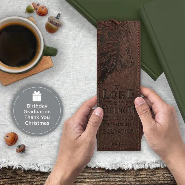 Alt view image 4 of 6 - Premium Vegan Faux Leather Scripture Bookmark for Men: The Lord Is My Strength - Exodus 15:2 Inspirational Bible Verse Heat-Debossed, Faith-Based Reading Accessory with Cord, Brown