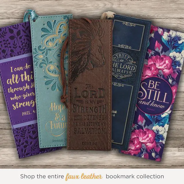 Alt view image 6 of 6 - Premium Vegan Faux Leather Scripture Bookmark for Men: The Lord Is My Strength - Exodus 15:2 Inspirational Bible Verse Heat-Debossed, Faith-Based Reading Accessory with Cord, Brown