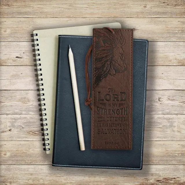 Alt view image 5 of 6 - Premium Vegan Faux Leather Scripture Bookmark for Men: The Lord Is My Strength - Exodus 15:2 Inspirational Bible Verse Heat-Debossed, Faith-Based Reading Accessory with Cord, Brown