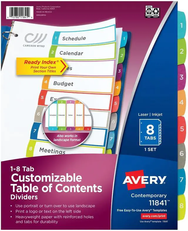 Main image of Dividers for 3 Ring Binders, 8 Tabs per Set, Customizable Table of Contents, Multicolor Arched Tabs, Great for Organizing Reports, Projects, and More