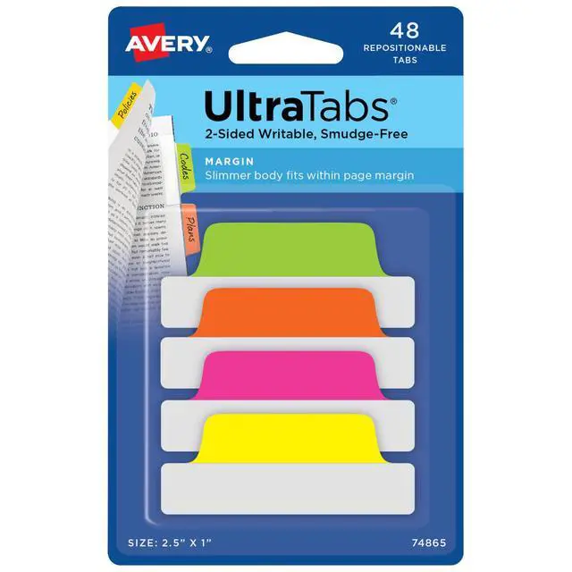 Main image of Margin Ultra Tabs, 2.5" x 1", 2-Side Writable, Assorted Neon Colors, 48 Repositionable Page Tabs