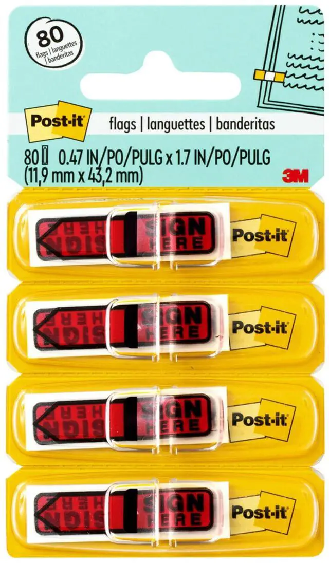 Main image of Message Flags, Sign Here, 20/Dispenser, 4 Dispensers/Pack, 0.47 in Wide, Red