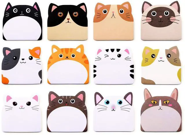 Main image of 12 Pads Cute Cat Sticky Notes - Kawaii Kitty Animal Note Pads Bulk, Fun Feline Cartoon Self-Adhesive Memo Tabs & Page Markers, Unique Stationery Gift for Veterinary Office, School & Party Supplies