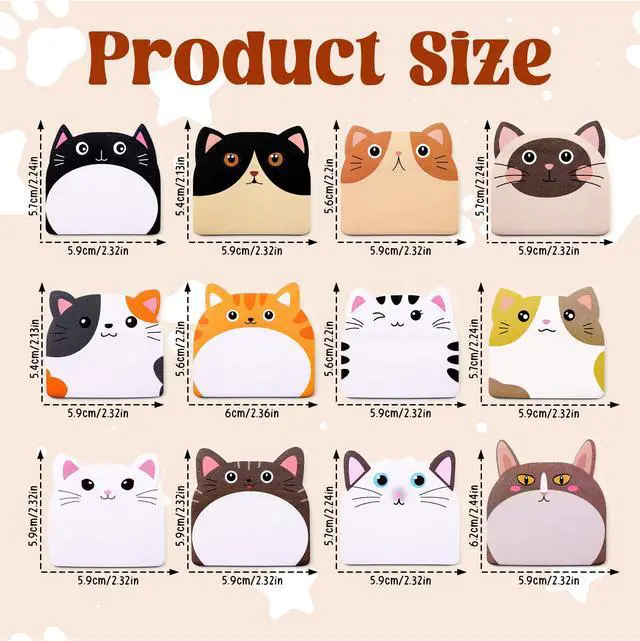 Alt view image 2 of 7 - 12 Pads Cute Cat Sticky Notes - Kawaii Kitty Animal Note Pads Bulk, Fun Feline Cartoon Self-Adhesive Memo Tabs & Page Markers, Unique Stationery Gift for Veterinary Office, School & Party Supplies
