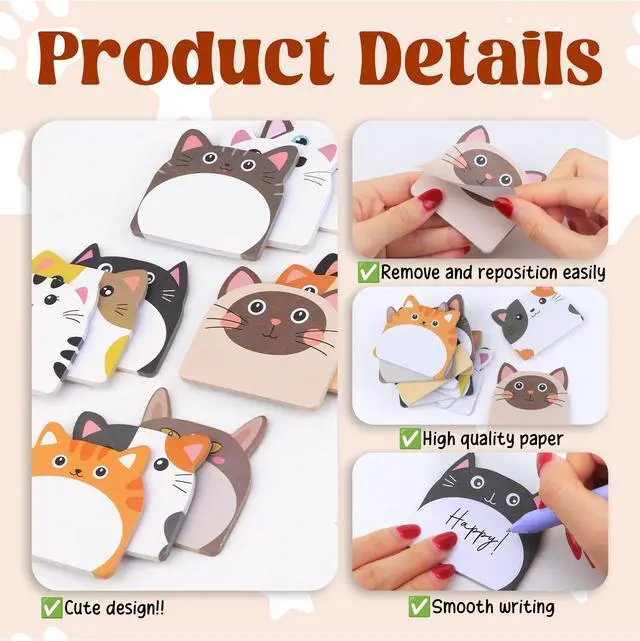 Alt view image 3 of 7 - 12 Pads Cute Cat Sticky Notes - Kawaii Kitty Animal Note Pads Bulk, Fun Feline Cartoon Self-Adhesive Memo Tabs & Page Markers, Unique Stationery Gift for Veterinary Office, School & Party Supplies
