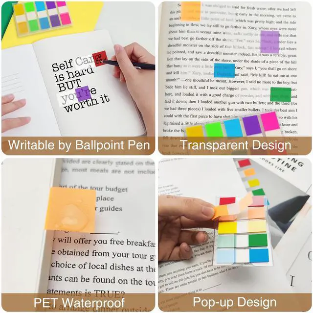 Alt view image 4 of 7 - Sticky Tabs 500 Pcs (1.77 * 0.47 in),Fluorescent Pop Up Book Tabs, Adhesive Index Tabs for Annotating Books, Page Marker Flags, Reusable for School, Binder, Office, 4 Dispensers