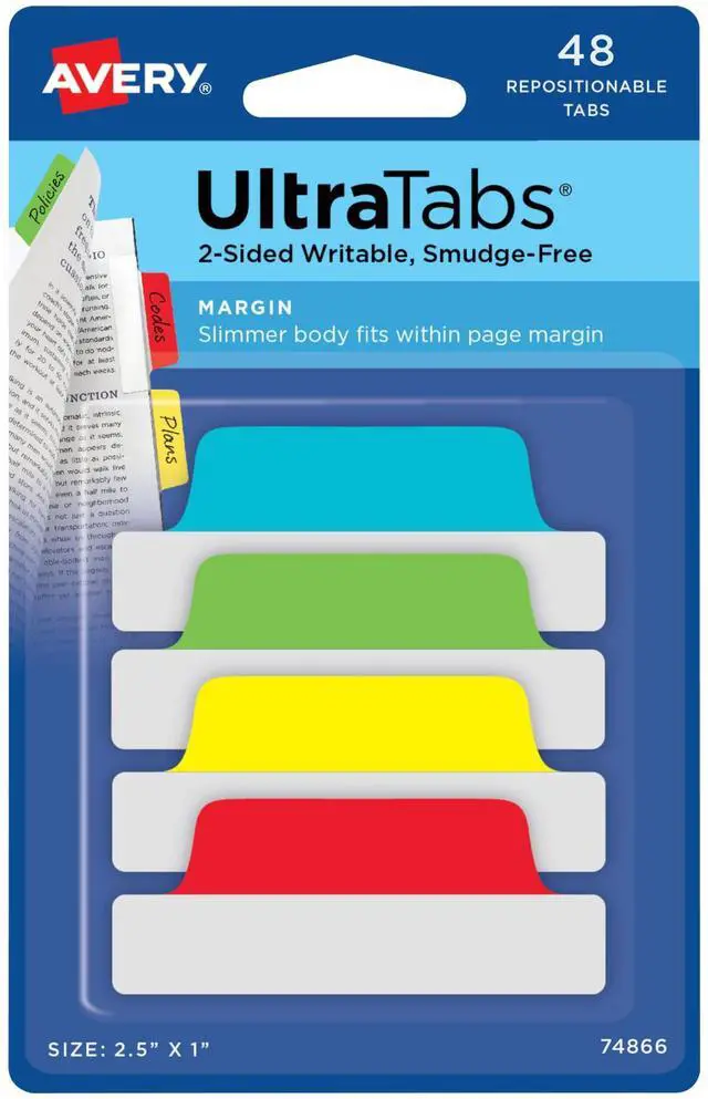 Main image of Margin Ultra Tabs, 2.5" x 1", 2-Side Writable, Assorted Colors, 48 Repositionable Page Tabs