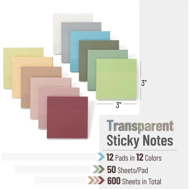 Alt view image 2 of 7 - Transparent Sticky Notes, 3" x 3", 12 Pads, 600 Sheets