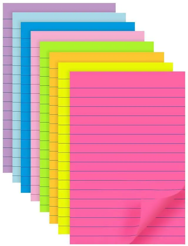 Main image of Lined Sticky Notes 4x6 in, 8 Bright Colors, Self-Stick Note Pads, Super Sticky, 40 Sheets/Pad, for Office, Home & School