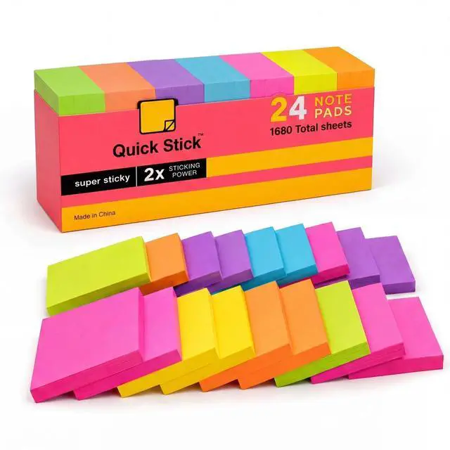 Main image of Sticky Notes, 24 Pads, 1680 Sheets Total, 3x3 in Bright Neon Colors, 2X Super Sticky Self-Stick Note Pads for Office, School, Home, Bulk Pack 70 Sheets Per Pad, Strong Hold Memo Notes