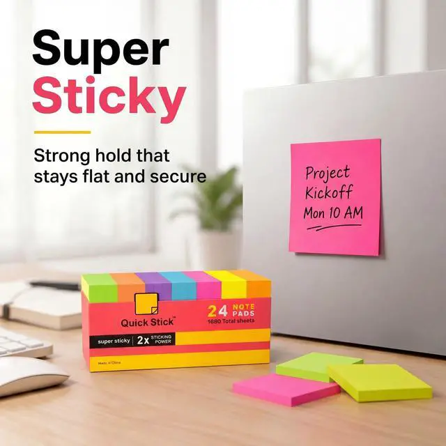 Alt view image 2 of 7 - Sticky Notes, 24 Pads, 1680 Sheets Total, 3x3 in Bright Neon Colors, 2X Super Sticky Self-Stick Note Pads for Office, School, Home, Bulk Pack 70 Sheets Per Pad, Strong Hold Memo Notes