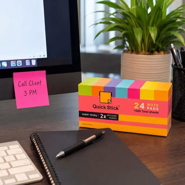 Alt view image 3 of 7 - Sticky Notes, 24 Pads, 1680 Sheets Total, 3x3 in Bright Neon Colors, 2X Super Sticky Self-Stick Note Pads for Office, School, Home, Bulk Pack 70 Sheets Per Pad, Strong Hold Memo Notes