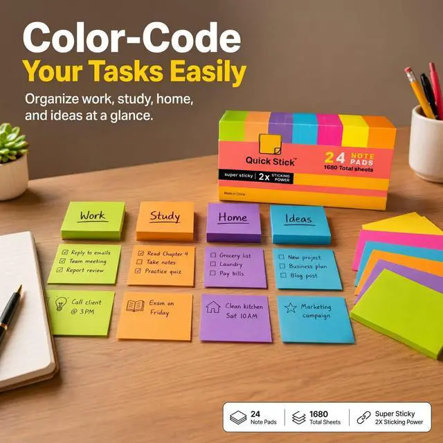 Alt view image 4 of 7 - Sticky Notes, 24 Pads, 1680 Sheets Total, 3x3 in Bright Neon Colors, 2X Super Sticky Self-Stick Note Pads for Office, School, Home, Bulk Pack 70 Sheets Per Pad, Strong Hold Memo Notes