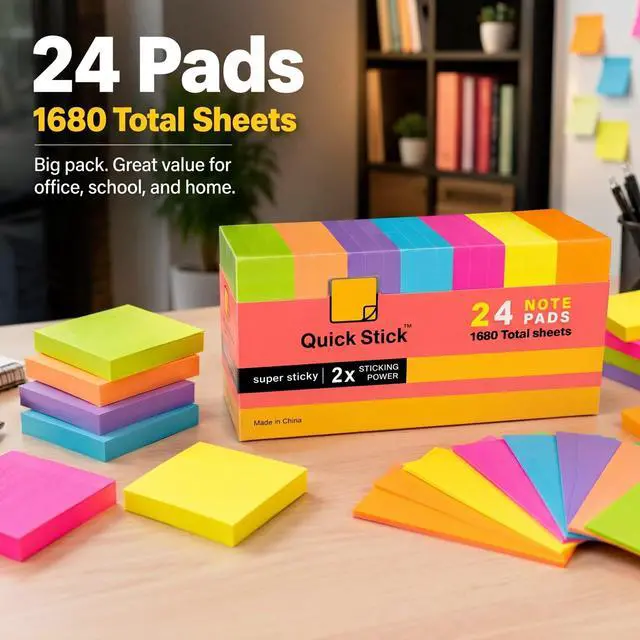 Alt view image 5 of 7 - Sticky Notes, 24 Pads, 1680 Sheets Total, 3x3 in Bright Neon Colors, 2X Super Sticky Self-Stick Note Pads for Office, School, Home, Bulk Pack 70 Sheets Per Pad, Strong Hold Memo Notes