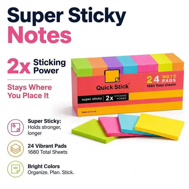 Alt view image 6 of 7 - Sticky Notes, 24 Pads, 1680 Sheets Total, 3x3 in Bright Neon Colors, 2X Super Sticky Self-Stick Note Pads for Office, School, Home, Bulk Pack 70 Sheets Per Pad, Strong Hold Memo Notes