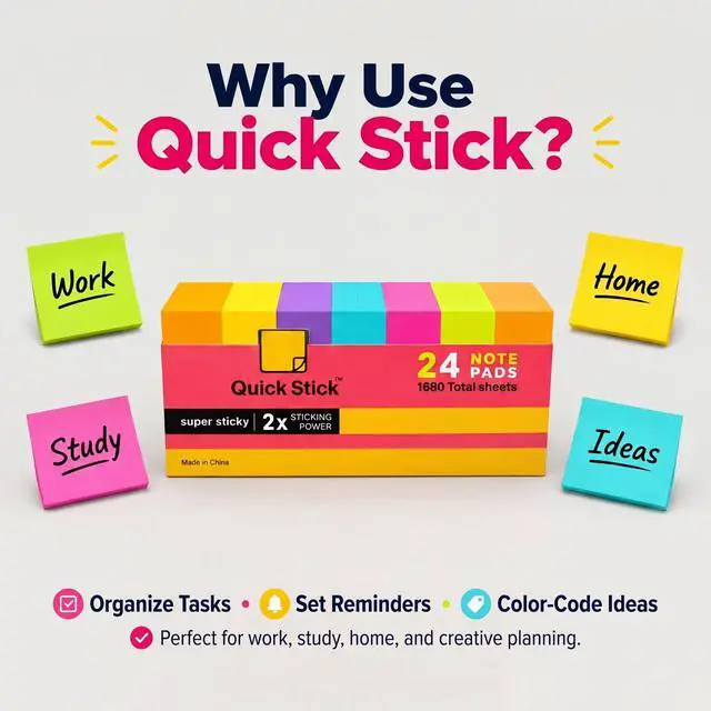 Alt view image 7 of 7 - Sticky Notes, 24 Pads, 1680 Sheets Total, 3x3 in Bright Neon Colors, 2X Super Sticky Self-Stick Note Pads for Office, School, Home, Bulk Pack 70 Sheets Per Pad, Strong Hold Memo Notes