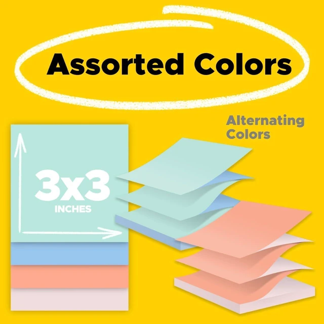 Alt view image 3 of 7 - Pop-up Notes, 3 x 3 in, Assorted Alternating Colors, 12 Pads School Supplies, Office Products, Accordion Sticky Notes work with Pop-Up Note Dispenser