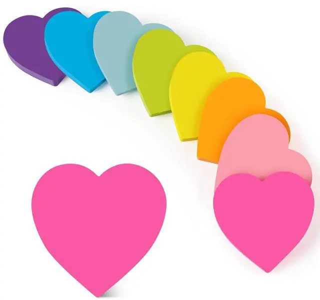 Main image of Heart Sticky Notes 3x3 in, 8 Pads, Super Cute Bright Color Strong Adhesive Post, Clean Removal, 82 Sheets/pad