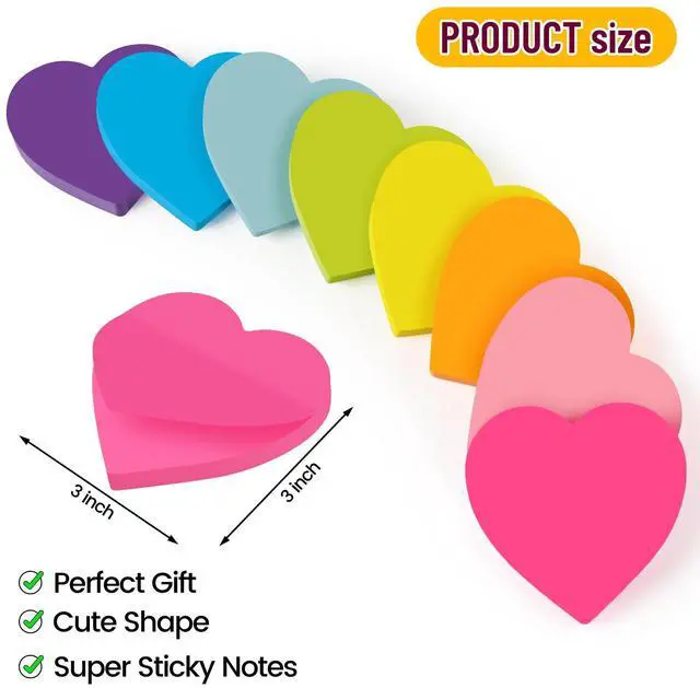 Alt view image 2 of 7 - Heart Sticky Notes 3x3 in, 8 Pads, Super Cute Bright Color Strong Adhesive Post, Clean Removal, 82 Sheets/pad