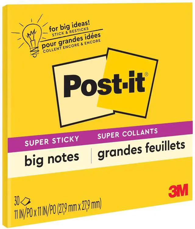 Main image of Super Sticky Big Notes, 11 in. x 11 in., Extra Large Sticky Notes Yellow, 1 Pad, 30 Sheets, Great for Vision Boards, Creative Projects, Study Spaces, Group Brainstorming, and More