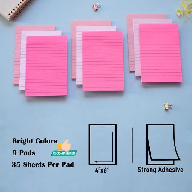 Alt view image 2 of 6 - 9 Pack Lined Sticky Notes 4X6 in Post Sticky Notes with Lines, Large Ruled Post Sticky Colorful Super Sticking Power Memo Pads Strong Adhesive (Pink Themed)