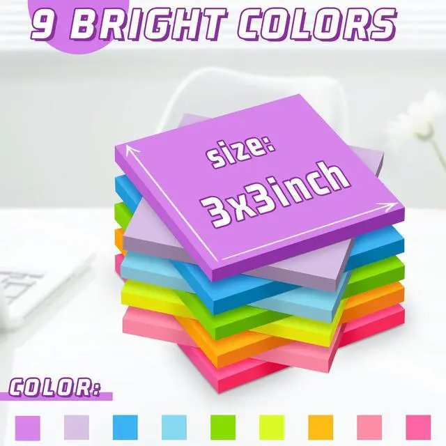 Alt view image 2 of 7 - 3x3 Sticky Notes 36 Pads, 9 Bright Colors Self-Adhesive Memo Pads, Strong Adhesive, Perfect for Office Desk, Home Reminders, School, Notebooks