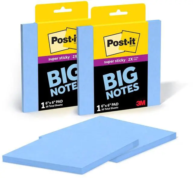 Main image of Super Sticky Big Notes, 6 in. x 6 in., Extra Large Sticky Notes Washed Denim, 2 Pads, 60 Sheets Total, Great for Vision Boards, Creative Projects, Study Spaces, Group Brainstorming, and More