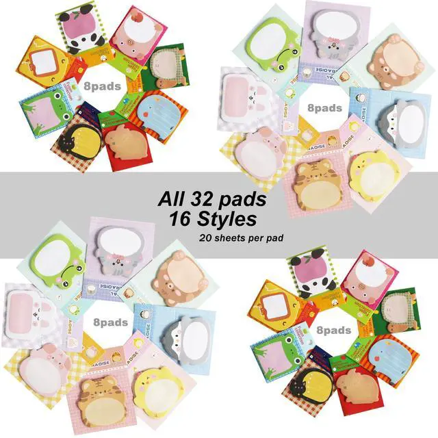 Alt view image 3 of 7 - 32 Pads Cute Sticky Notes, Animal Sticky Notes Self Adhesive Cartoon Notes Memo Pads Notes Page School Tab for School Office Supplies