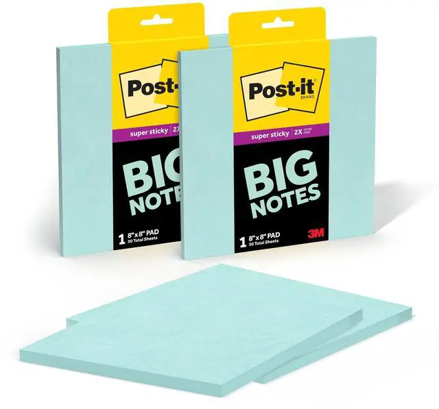 Main image of Super Sticky Big Notes, 8 in. x 8 in., Extra Large Sticky Notes in Fresh Mint, 2 Pads, 60 Sheets Total, Great for Vision Boards, Creative Projects, Study Spaces, Group Brainstorming, and More